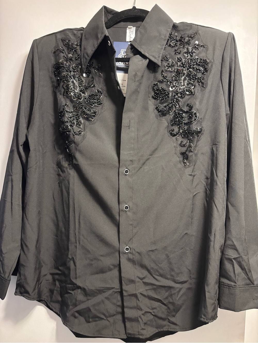 Black Beaded Embellished Button-Up Shirt